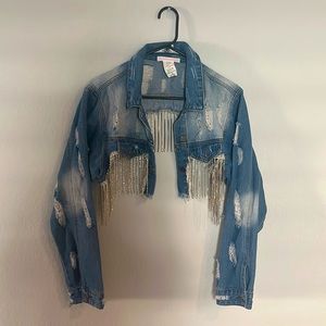 Cropped Blue Jean Jacket - Diamond Fringe